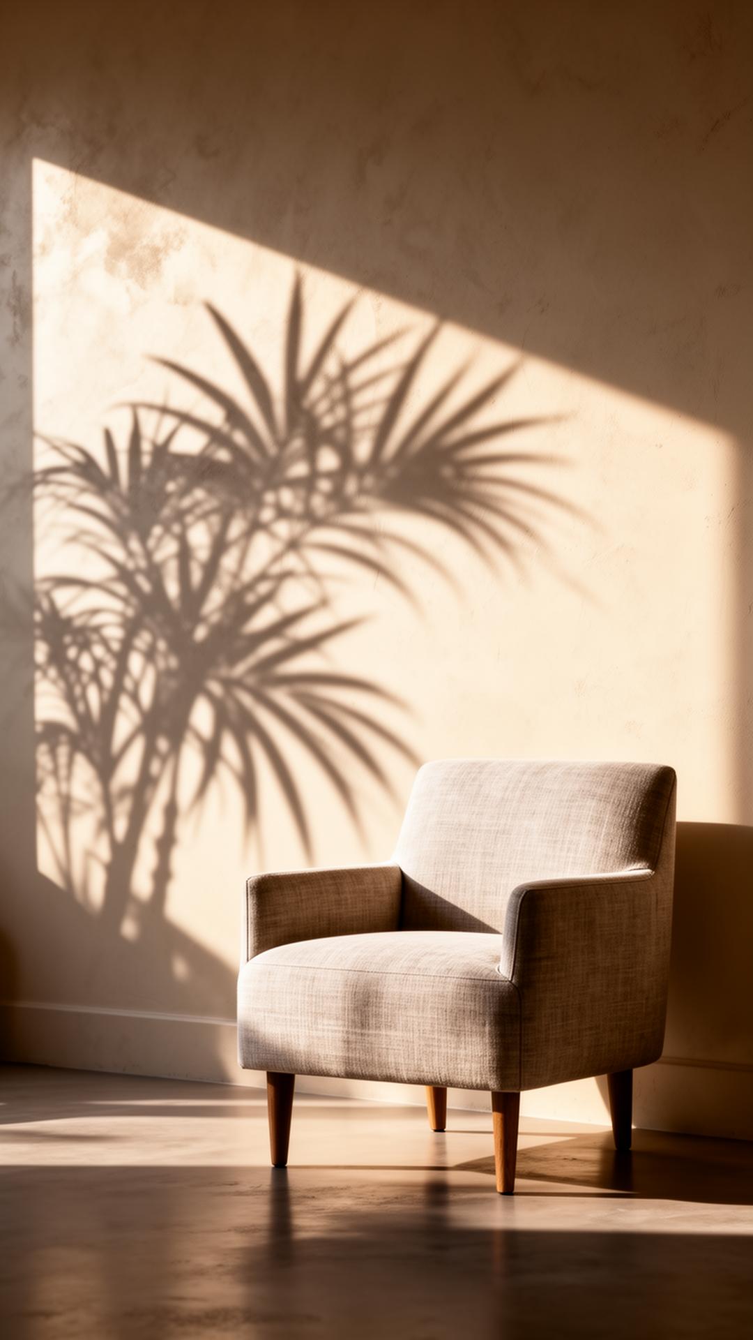 Linen chair beneath palm shadow on plaster wall